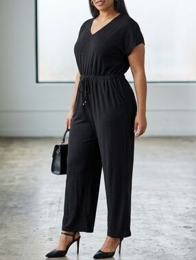 SANSARA Black V-Neck Wide Leg Jumpsuit Drawstring Short Sleeve Pockets Size XL